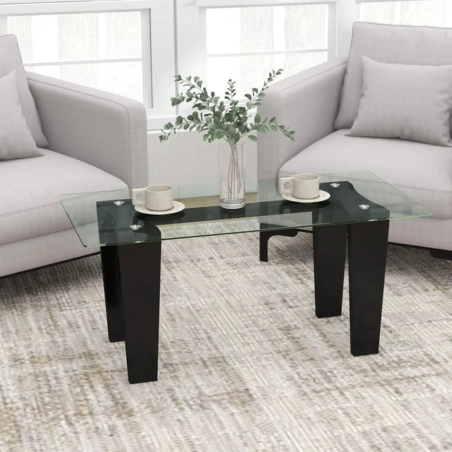 39.5 Inch Glass Coffee Table Modern Rectangular Center Table with Solid Rubber Wood Legs-Black