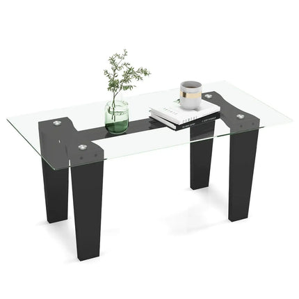 39.5 Inch Glass Coffee Table Modern Rectangular Center Table with Solid Rubber Wood Legs-Black