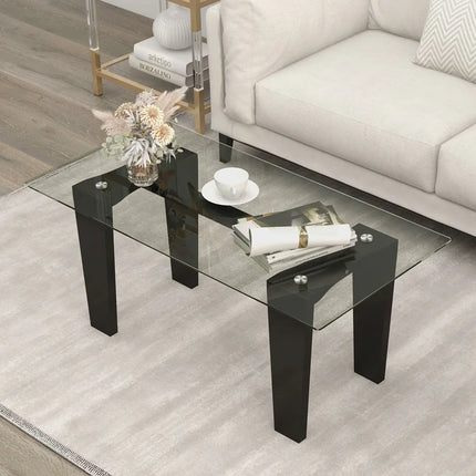 39.5 Inch Glass Coffee Table Modern Rectangular Center Table with Solid Rubber Wood Legs-Black
