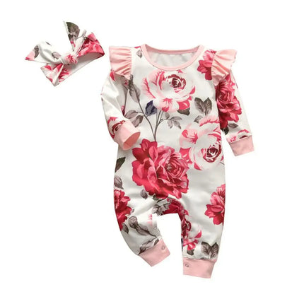 Newborn Clothes Baby Girls Romper Hearts Print Cotton Long Sleeve Jumpsuit and Headband Set