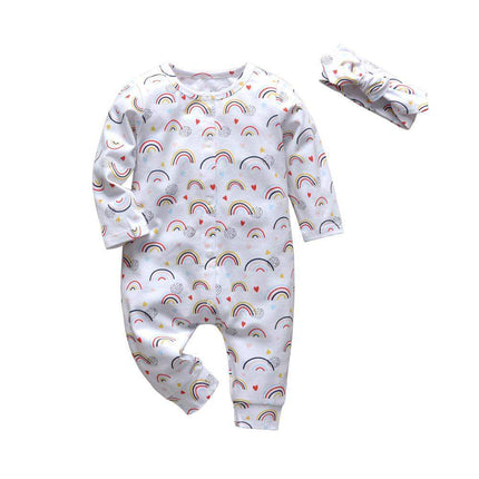 Newborn Clothes Baby Girls Romper Hearts Print Cotton Long Sleeve Jumpsuit and Headband Set