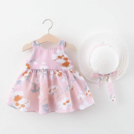 Luxury Modern Elegant Summer Bow Print Dress With Hat 2 piece Baby Clothes Suits Newborn Toddler Dress