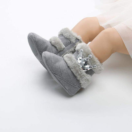Newborn Infant Baby Girls Winter Warm Crown Fur Mid-Calf Length Slip-On Furry Boots 0-18M