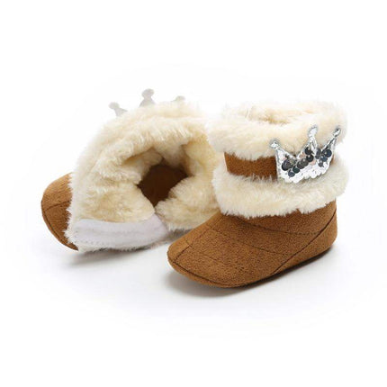 Newborn Infant Baby Girls Winter Warm Crown Fur Mid-Calf Length Slip-On Furry Boots 0-18M