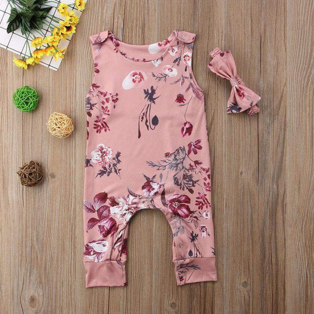 Floral Newborn Baby Girls Sleeve less Printed Rompers Jumpsuit Headband Clothes Sets Outfits For Baby Girls With Bow