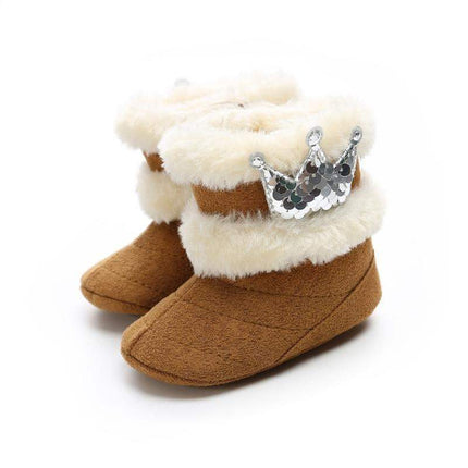 Newborn Infant Baby Girls Winter Warm Crown Fur Mid-Calf Length Slip-On Furry Boots 0-18M