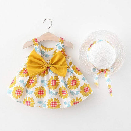 Luxury Modern Elegant Summer Bow Print Dress With Hat 2 piece Baby Clothes Suits Newborn Toddler Dress