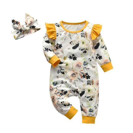 Newborn Clothes Baby Girls Romper Hearts Print Cotton Long Sleeve Jumpsuit and Headband Set