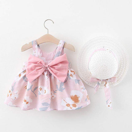Luxury Modern Elegant Summer Bow Print Dress With Hat 2 piece Baby Clothes Suits Newborn Toddler Dress