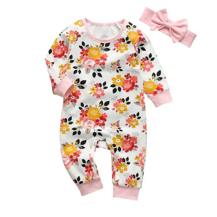 Newborn Clothes Baby Girls Romper Hearts Print Cotton Long Sleeve Jumpsuit and Headband Set