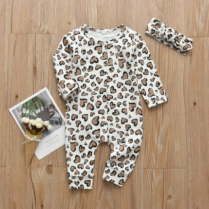 Newborn Clothes Baby Girls Romper Hearts Print Cotton Long Sleeve Jumpsuit and Headband Set