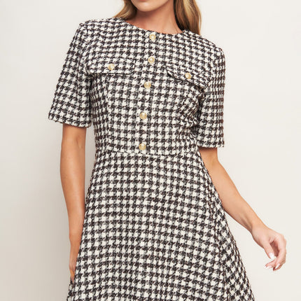 ELEGANT CHECK TWEED MINI DRESS