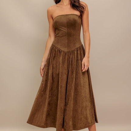 WILD ESPRESSO FAUX SUEDE MIDI DRESS