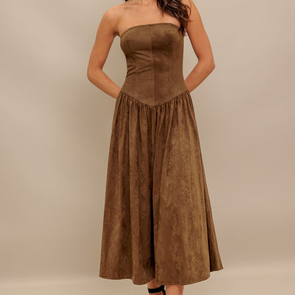 WILD ESPRESSO FAUX SUEDE MIDI DRESS