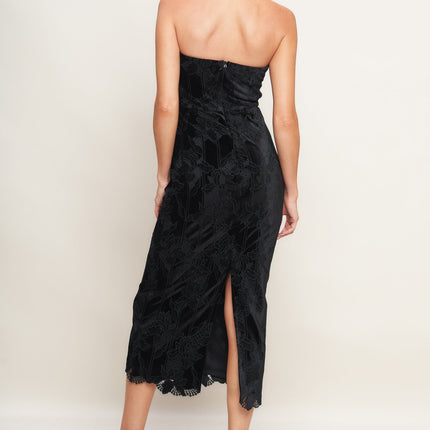 BLACK TEMPTATION WOVEN VELVET LACE MIDI DRESS