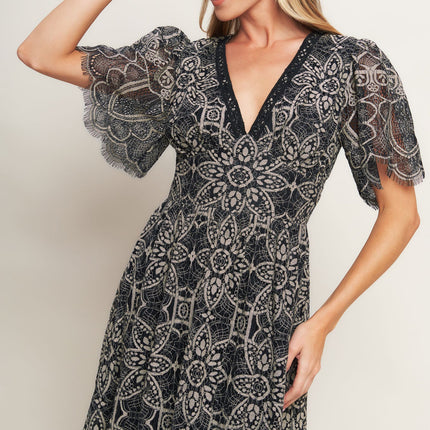 GOTHIC BLOOM WOVEN LACE MIDI DRESS