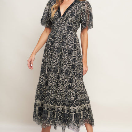 GOTHIC BLOOM WOVEN LACE MIDI DRESS