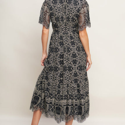 GOTHIC BLOOM WOVEN LACE MIDI DRESS