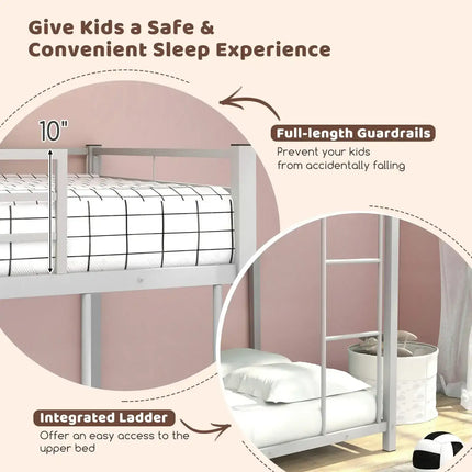 Low Profile Twin Over Twin Metal Bunk Bed with Full-length Guardrails-Silver