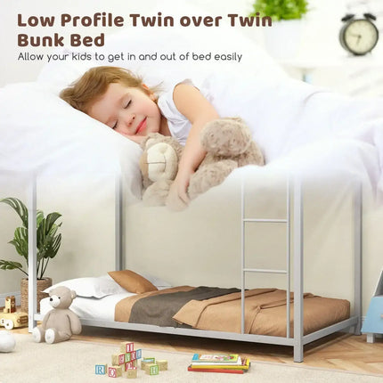 Low Profile Twin Over Twin Metal Bunk Bed with Full-length Guardrails-Silver