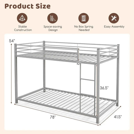 Low Profile Twin Over Twin Metal Bunk Bed with Full-length Guardrails-Silver