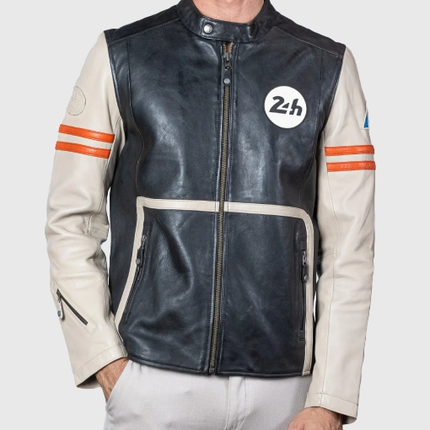 Mans Karl 24h Le Ecru Black Leather Jacket