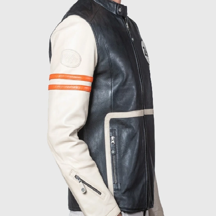 Mans Karl 24h Le Ecru Black Leather Jacket