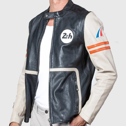 Mans Karl 24h Le Ecru Black Leather Jacket