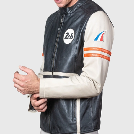 Mans Karl 24h Le Ecru Black Leather Jacket