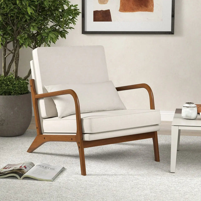 Modern Accent Chair with Rubber Wood Armrests and Removable Back-Beige