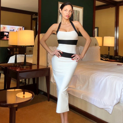 Women Clothing Summer Fashionable Elegant Sexy Slim Fit Halter Color Matching Sheath Dress