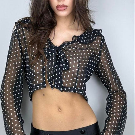 Women Clothing Summer Sexy See through Polka Dot Printed Long Sleeve Elegant Top