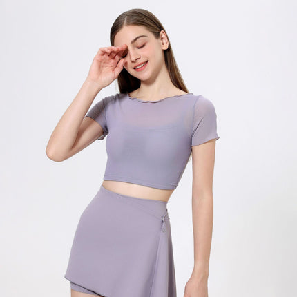 Faux Two Piece Mesh Sports T shirt Women Short Sleeve with Chest Pad Yoga Clothes Cropped Top Quick Drying Slimming Fitness