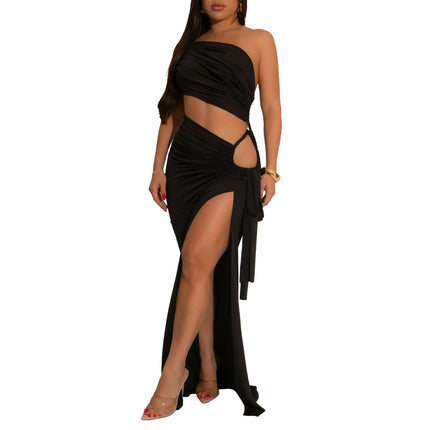 Supply Women Wear Solid Color Diagonal Collar Sexy Tube Top Split Dress