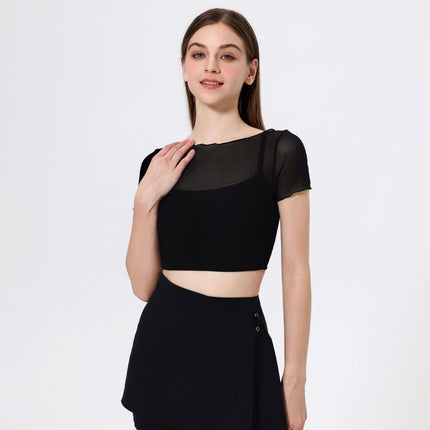 Faux Two Piece Mesh Sports T shirt Women Short Sleeve with Chest Pad Yoga Clothes Cropped Top Quick Drying Slimming Fitness