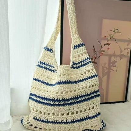Striped Single Shoulder Cotton Thread Woven Bag Large Capacity Hollow Out Cutout Straw Bag Seaside Vacation Beach Bag