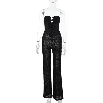 Metal Hollow Out Cutout See through Flocking Strap Lace Tube Top Jumpsuit