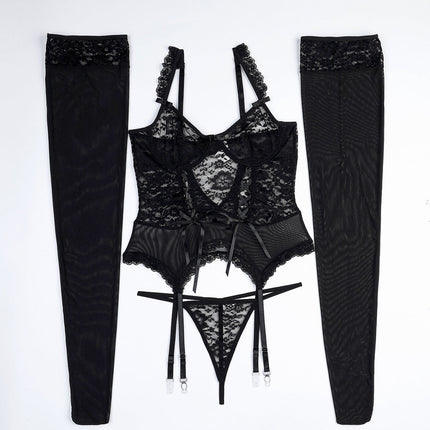 Big Stockings Black Mysterious Lace Hollow Out Cutout Lace Strap Slimming Sexy Goddess Sexy Lingerie Four Piece Set