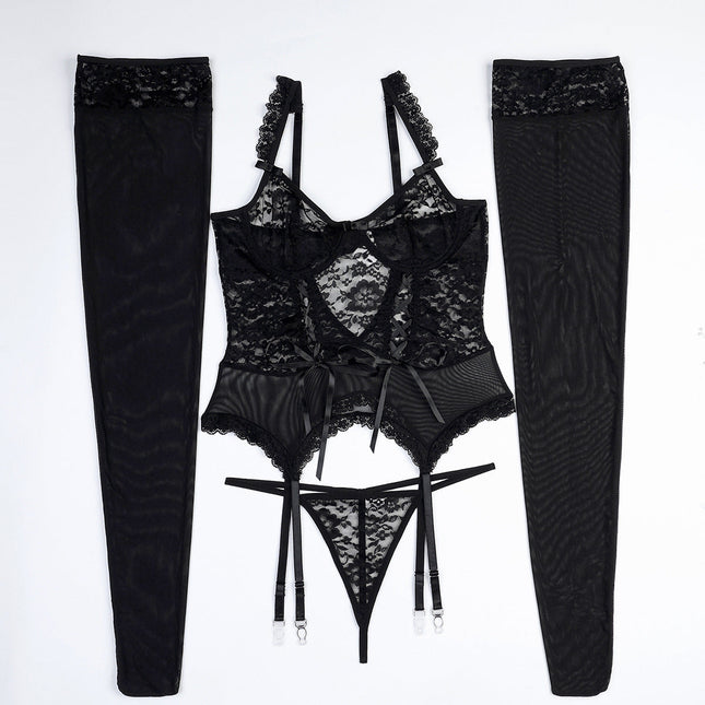 Big Stockings Black Mysterious Lace Hollow Out Cutout Lace Strap Slimming Sexy Goddess Sexy Lingerie Four Piece Set
