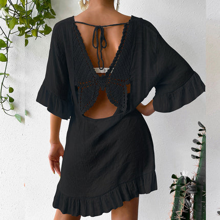 Beach Cover up Skirt Women Clothing Sun Proof Skirt Back Butterfly V neck Flared Sleeves Dress