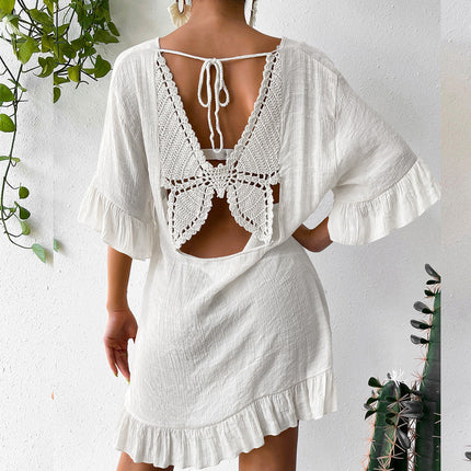 Beach Cover up Skirt Women Clothing Sun Proof Skirt Back Butterfly V neck Flared Sleeves Dress