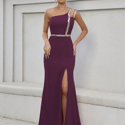 One Shoulder Evening Dress Metal Ribbon Slit Large Swing Evening Dress Dance Dress Party Dress Bridesmaid Dress Summer