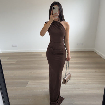 Women Clothing Summer Sexy Slant Shoulder High Waist Slim Fit Slimming Solid Color Sheath Dress