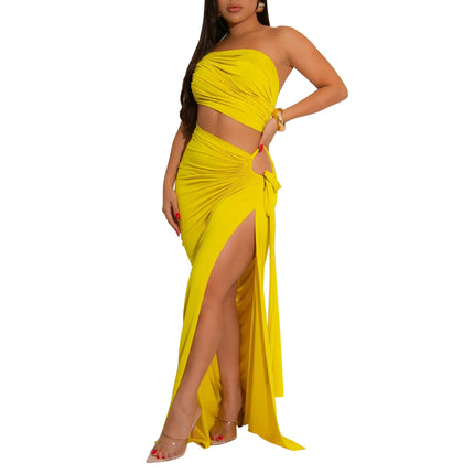 Supply Women Wear Solid Color Diagonal Collar Sexy Tube Top Split Dress