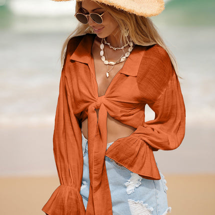 Beach Cover Up Sun Protection Front Lace Up Slub Cotton Shirt Long Sleeve Beach Sun Protection Shirt Women