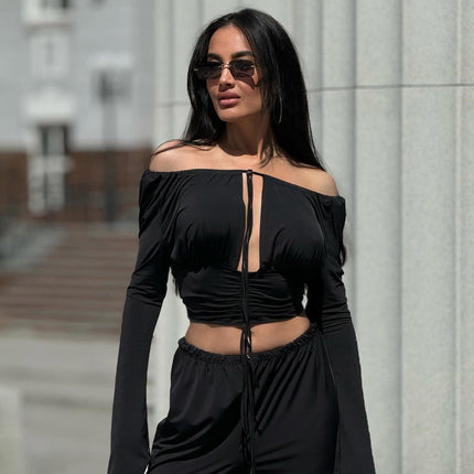 Women Clothing Fall Sexy off Shoulder Solid Color Cropped Hollow Out Cutout out Tied Long Sleeve T shirt Top