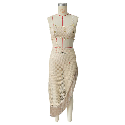 Sexy Hollow Out Cutout Beach Seaside Vacation Dress Solid Color Tassel
