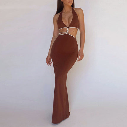 Sexy Cropped Outfit Halter Diamond Rope Maxi Dress Women