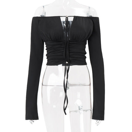 Women Clothing Fall Sexy off Shoulder Solid Color Cropped Hollow Out Cutout out Tied Long Sleeve T shirt Top