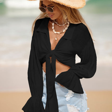 Beach Cover Up Sun Protection Front Lace Up Slub Cotton Shirt Long Sleeve Beach Sun Protection Shirt Women